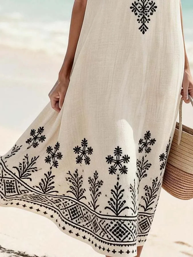 Women'S Round Neck Sleeveless Color-Block Printed Dress
