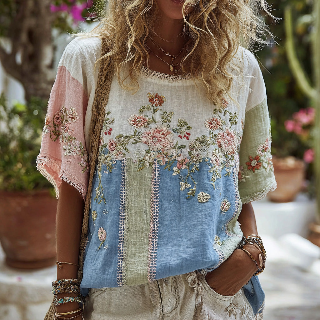Women's Retro Floral Embroidered Patchwork Art Round Neck Linen Blend T-shirt