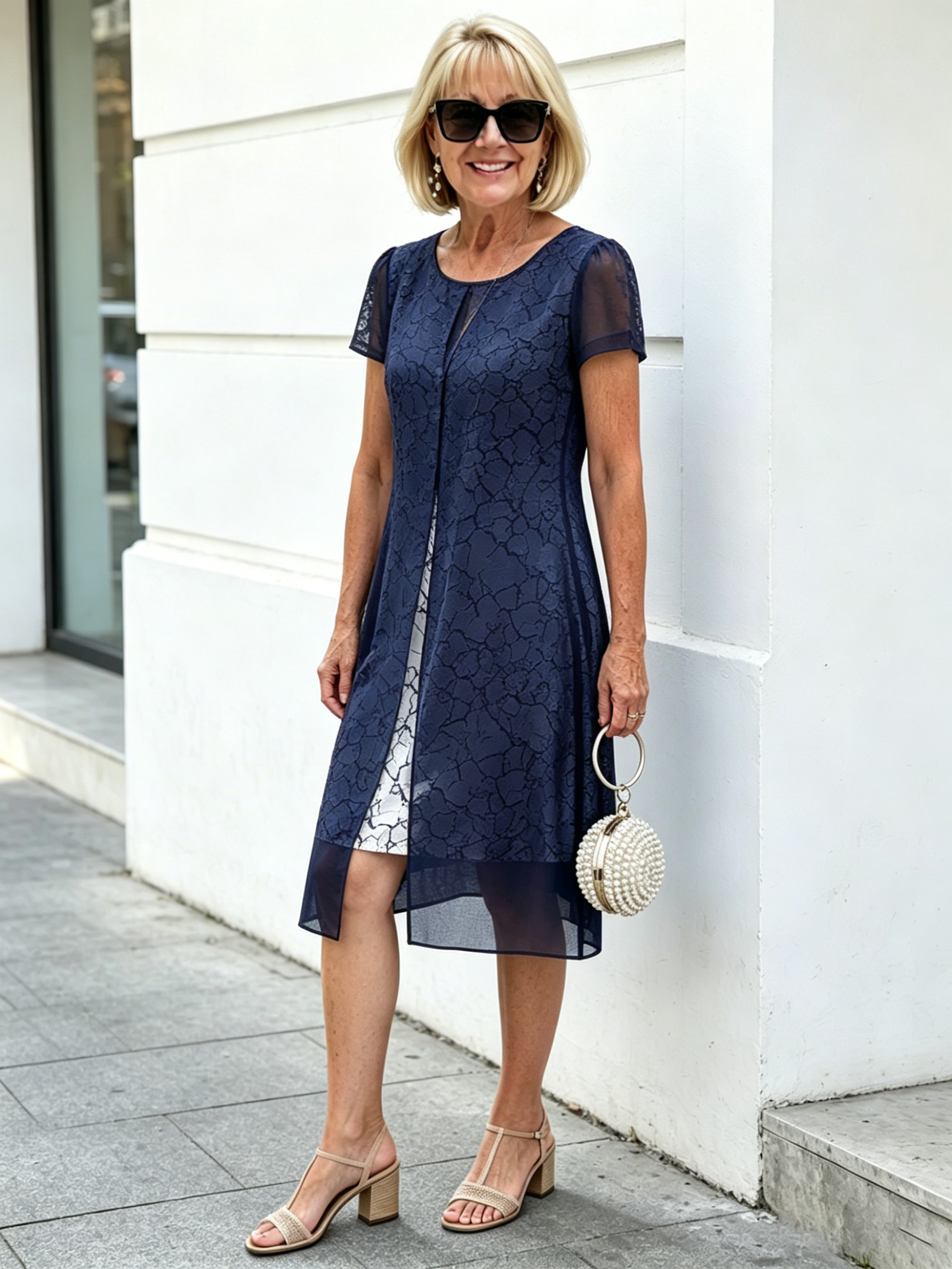 Navy Blue Printed Mesh Layered Midi Dress, Round Neck Short Sleeve Straight A-Line Tummy Concealing Dress for Mature Women