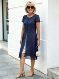 Navy Blue Printed Mesh Layered Midi Dress, Round Neck Short Sleeve Straight A-Line Tummy Concealing Dress for Mature Women
