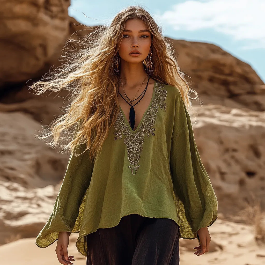 Desert Style Holiday Bohemian Vintage Linen Casual Top