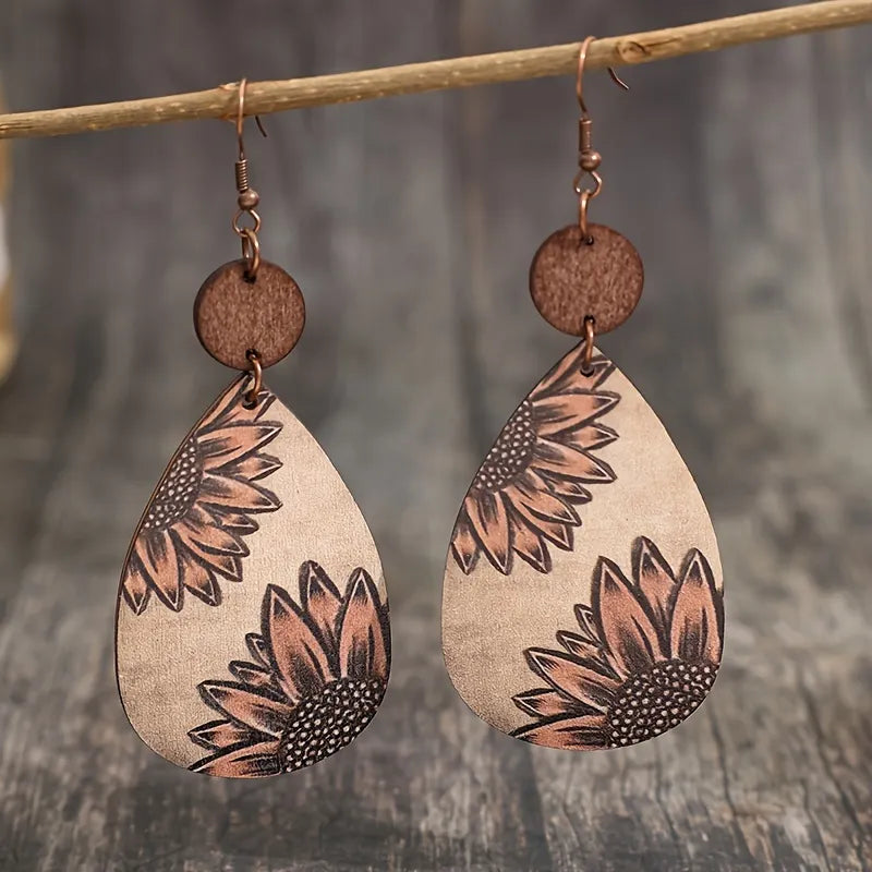 Unique Droplet Shape Wooden Dangle Earrings - Retro Bohemian Style, Sunflower Print, Trendy Female Ear Ornaments with Natural Wood Grain and Hypoallergenic Posts for Sensitive Skin - Perfect for Everyday Wear and Gift Giving