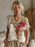 Women's Vintage Floral Art Linen Crew Neck Short Sleeve T-shirt