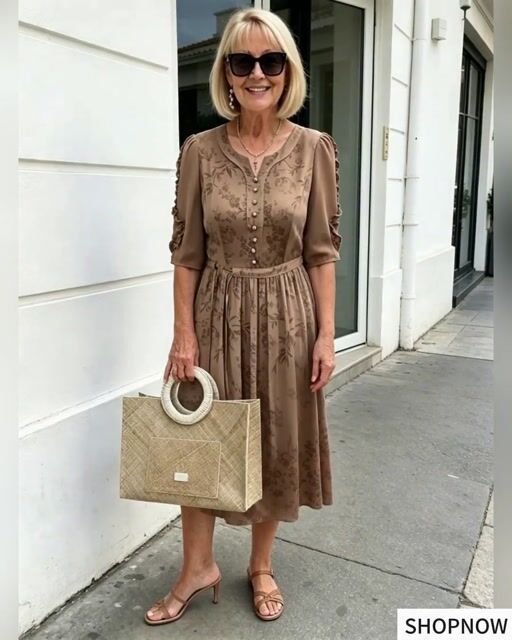 Coffee Brown Floral Print Midi Dress, Split Neck Button Front Ruffle 3/4 Sleeve Tie Waist Slimming Dress for Mature Women