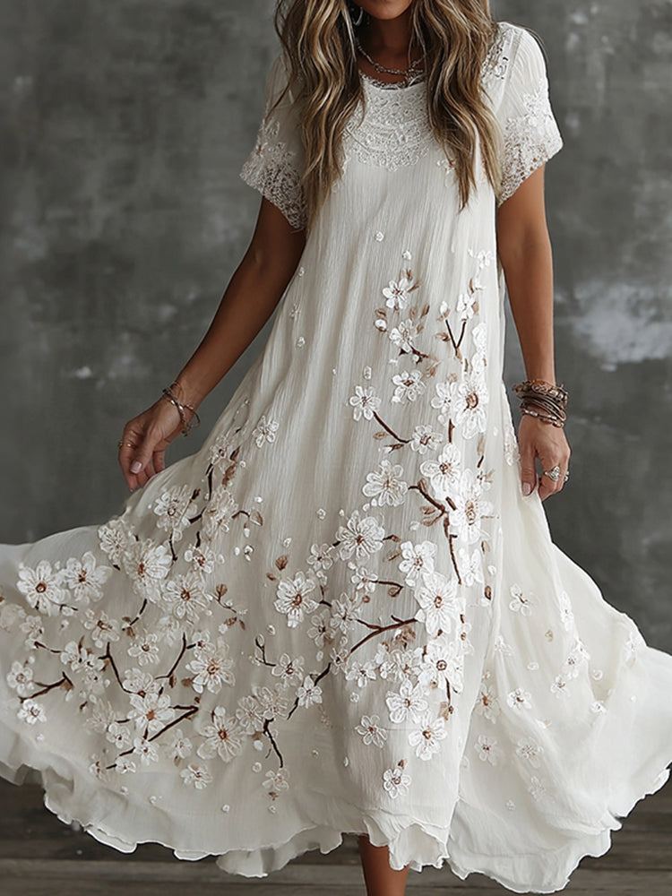 Women's Vintage Floral Print Linen Maxi Dress
