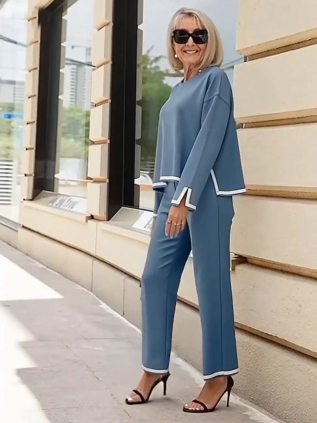 Contrasting Color Split-ended Long-sleeved Knitted Sweater High-waisted and Thin Wide-leg Pants and Trousers Two-piece Set