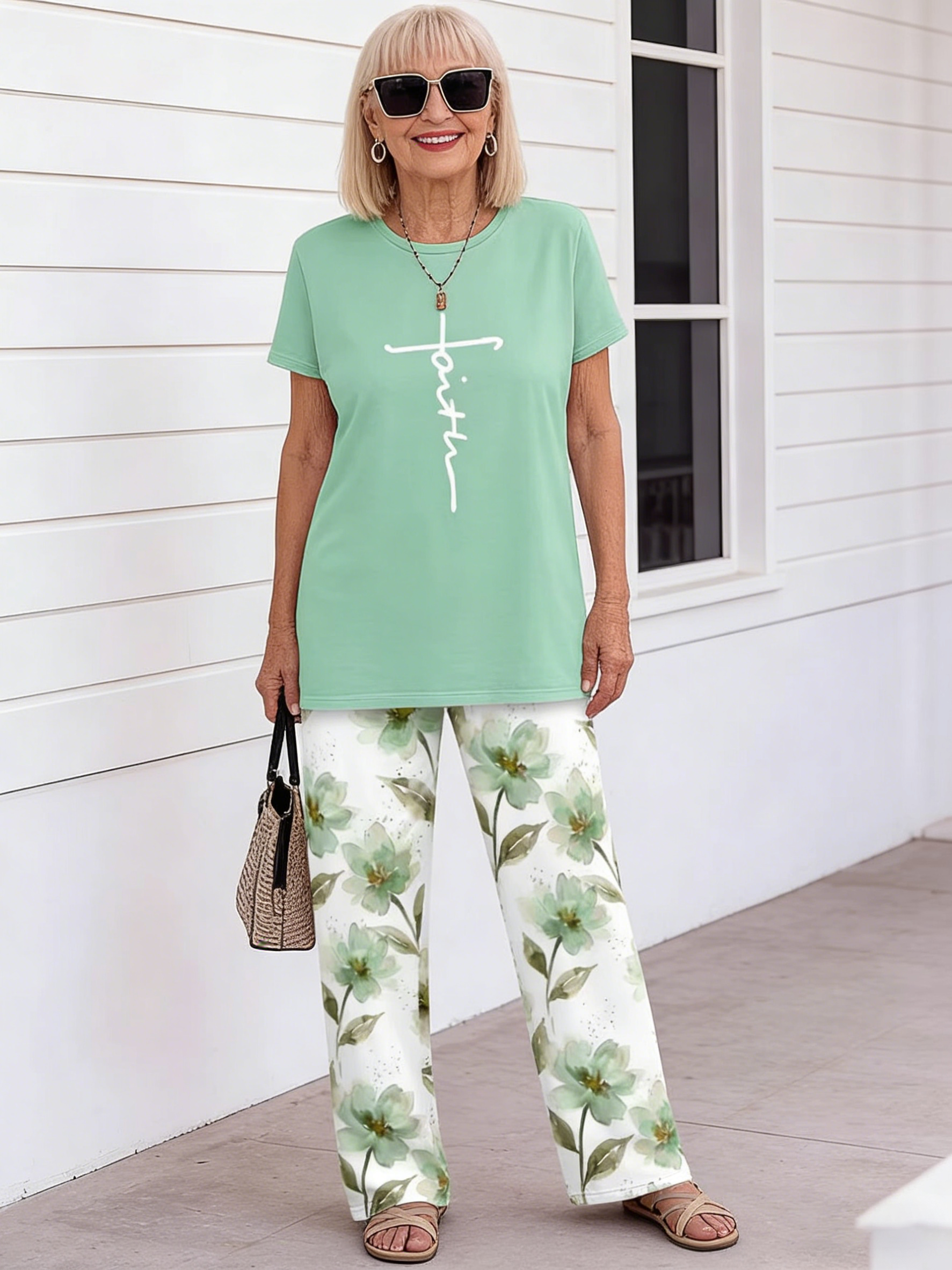 2Pcs Crew Neck Short Sleeve Casual Striped Printed Wide Leg Pants Two-piece Trousers Set
