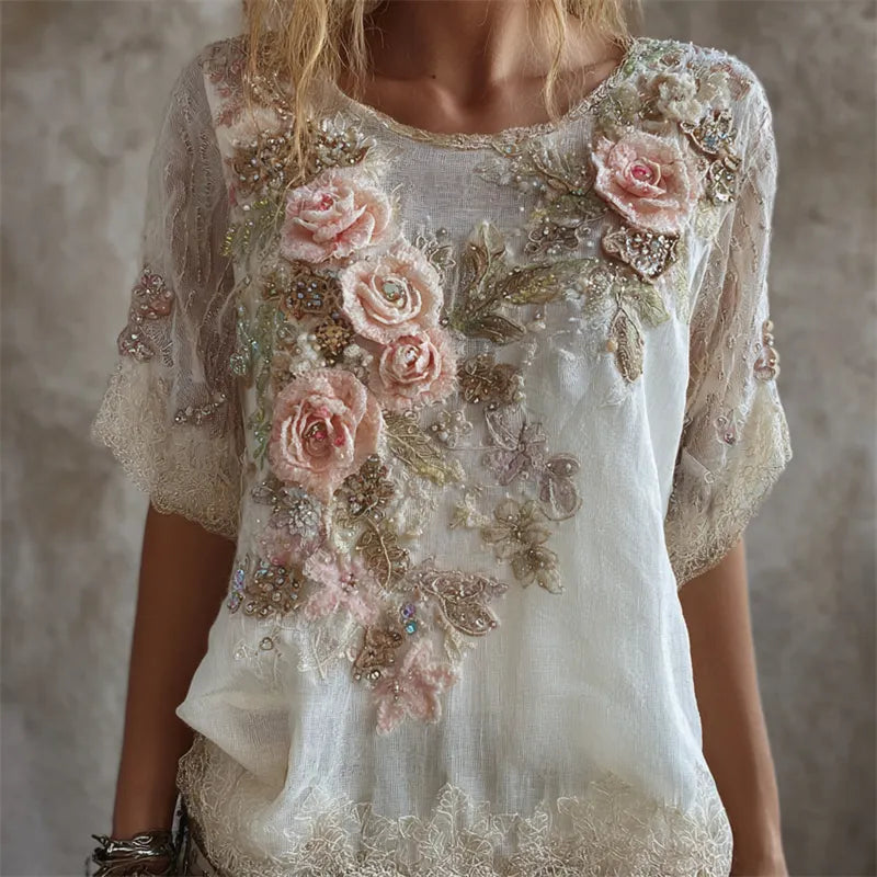 Boho Pink Roses Glitter Fiber Art Lace Flowy Linen Tunic