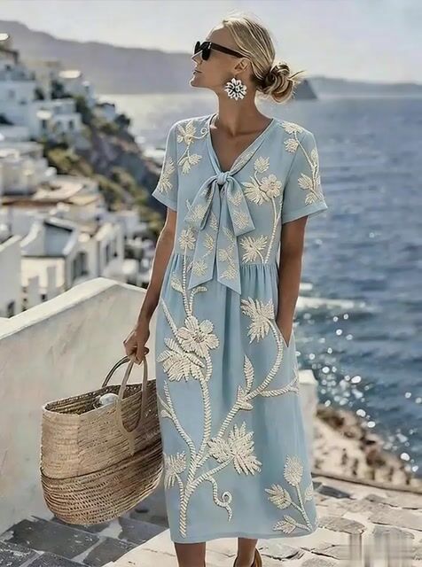 Women'S Casual Color-Block Cotton And Linen Dress