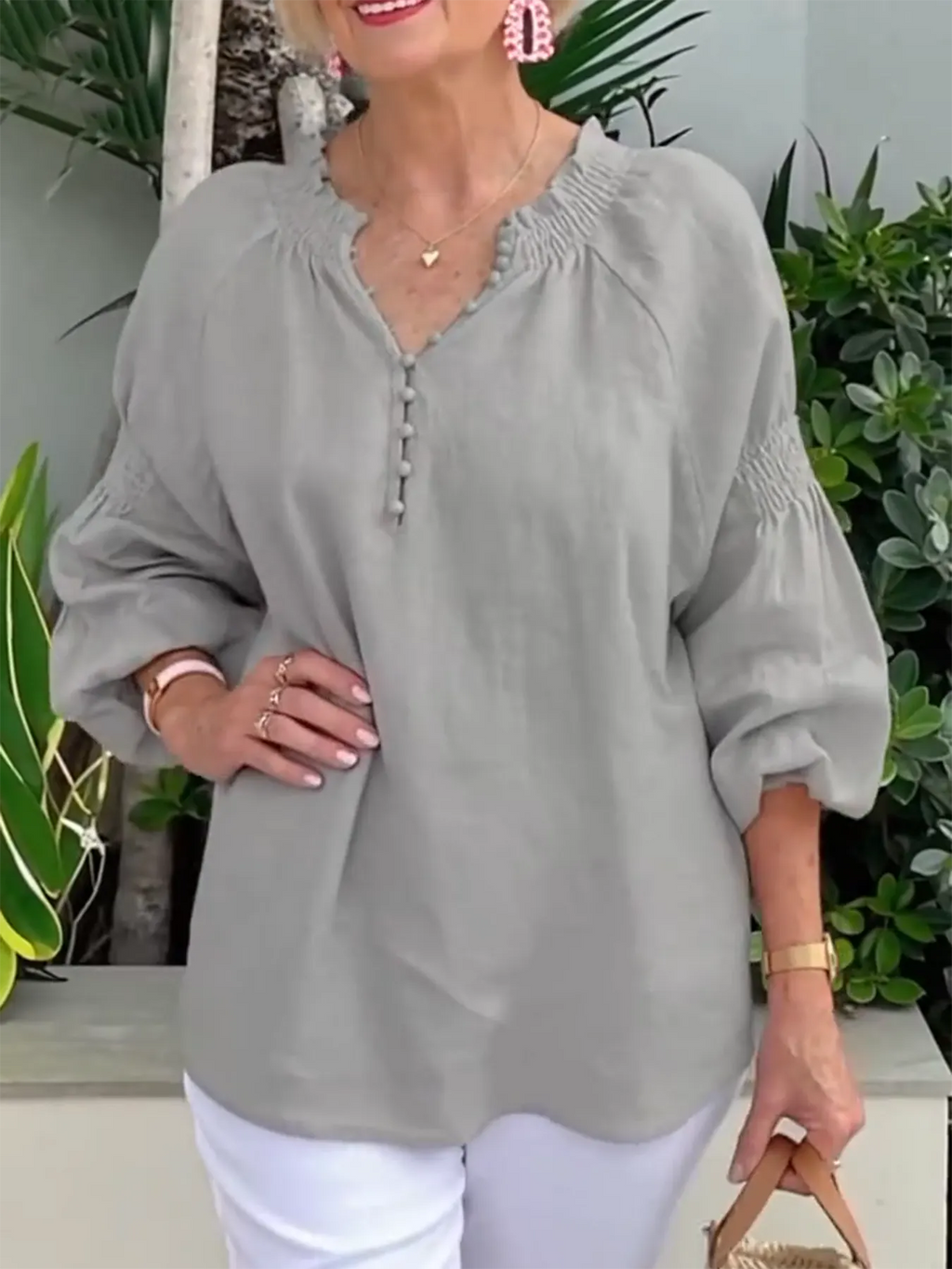 Casual V-neck Solid Color Cotton and Linen Long-sleeved Top