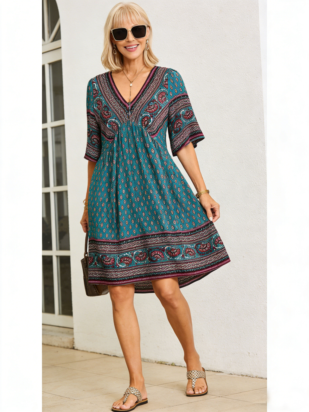 Vacation Deep V Print Casual Ethnic Style Dress