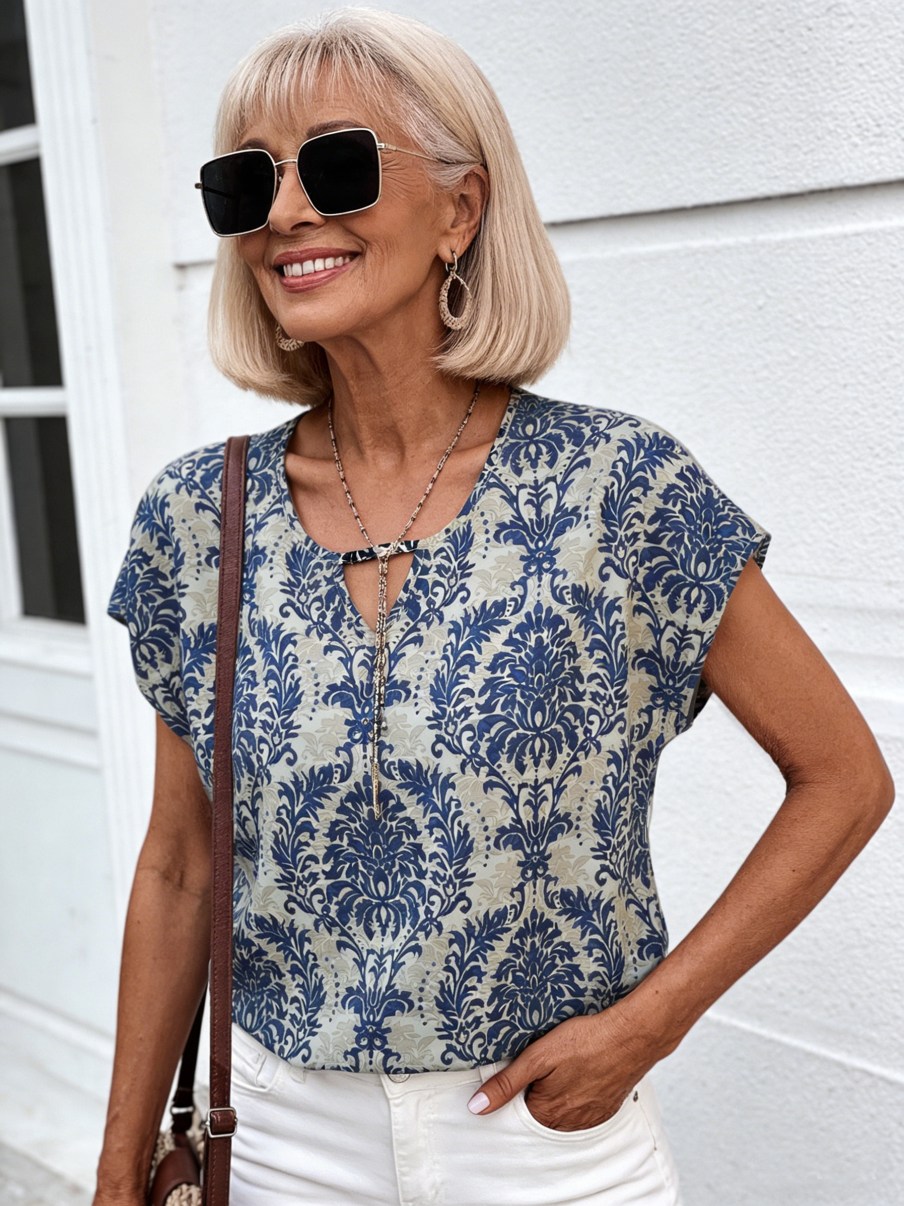 Fashion Versatile Printed V-Neck Bat Sleeve Loose Top