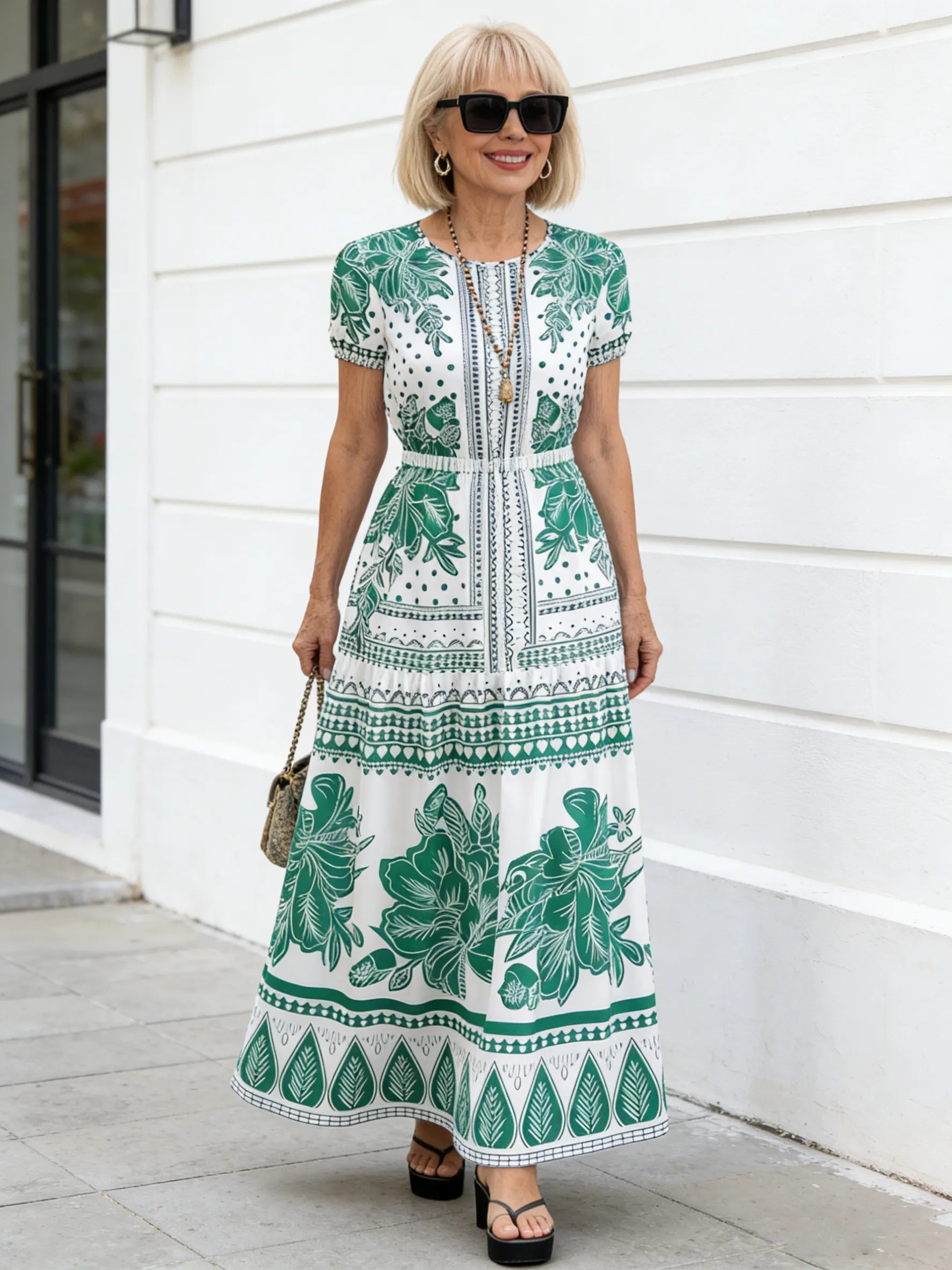 Boho Print Temperament Simple Lace-up Crew Neck Dress Vacation