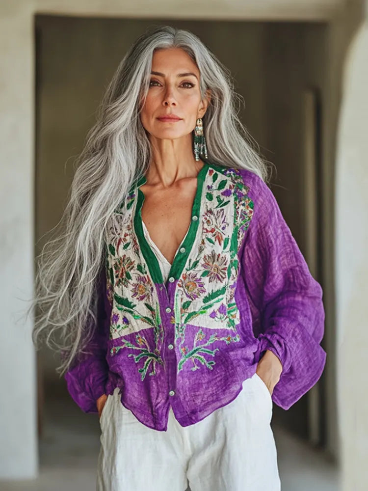 Bohemian Linen Floral Art Print Long Sleeve Loose Shirt