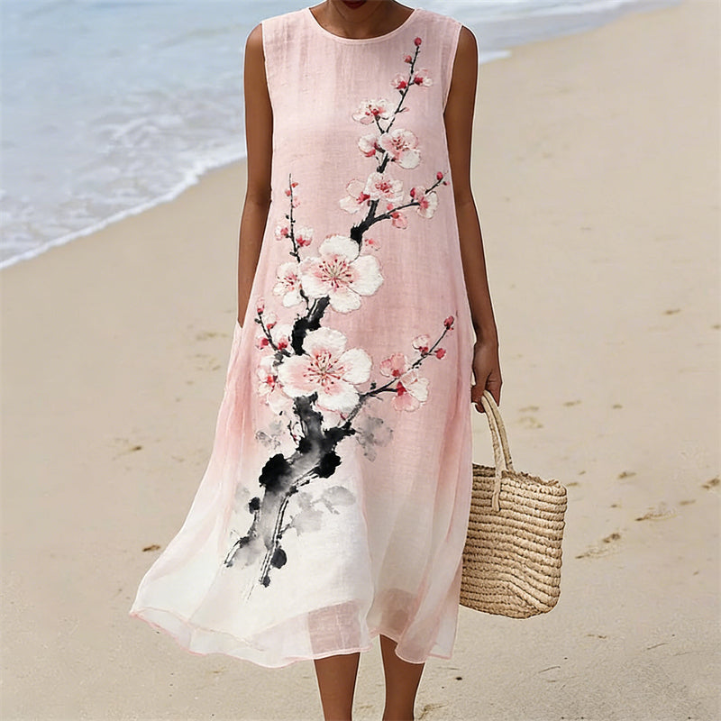 Cherry Blossom Brush Art Gradient Flowy Linen Tank Dress