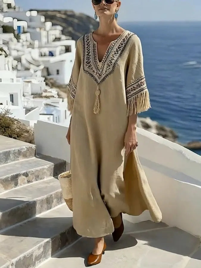 Women'S Casual Color-Block Cotton And Linen Dress