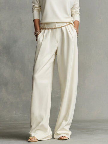 Women's Cream Tailored Wide-Leg Pants with Draped Silhouette & Belt Loops, Contemporary Effortless-Chic Style Pants MDA1509K4I