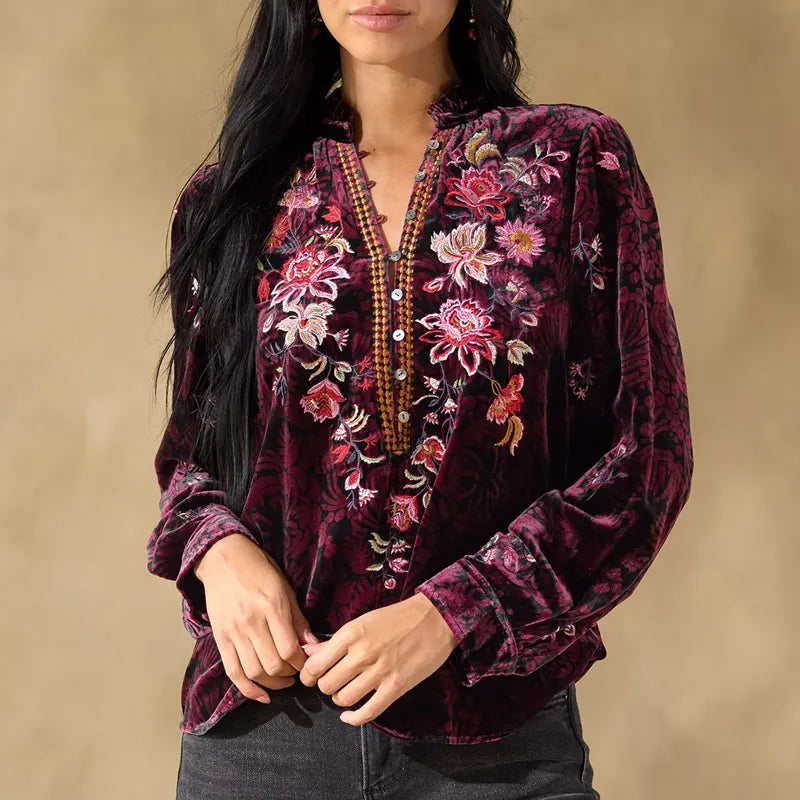 Women's Vintage Button Floral Print Embroidered Wine Red Top Shirt
