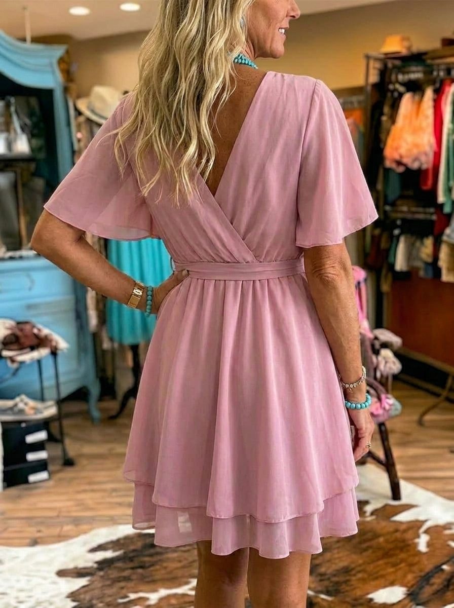 Women's V-neck Cross Tie Ruffle Chiffon Dress