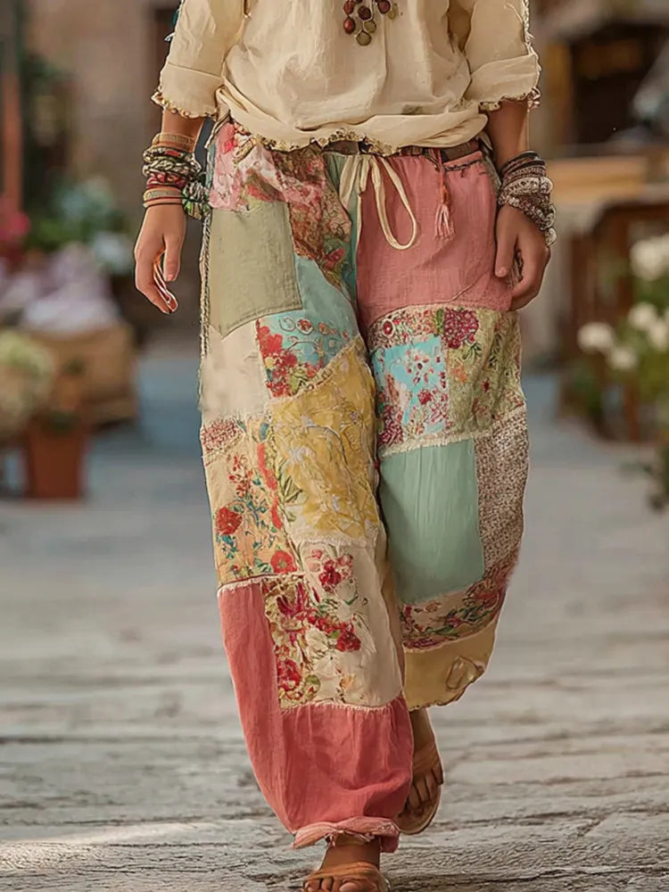 Classic Retro Rose And Floral Patchwork Art Linen Pants