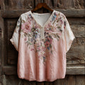 Vintage Pink Floral Art Embroidery Washed Short Sleeve V-neck Top