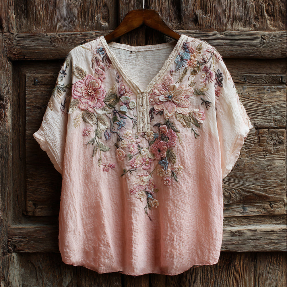Vintage Pink Floral Art Embroidery Washed Short Sleeve V-neck Top