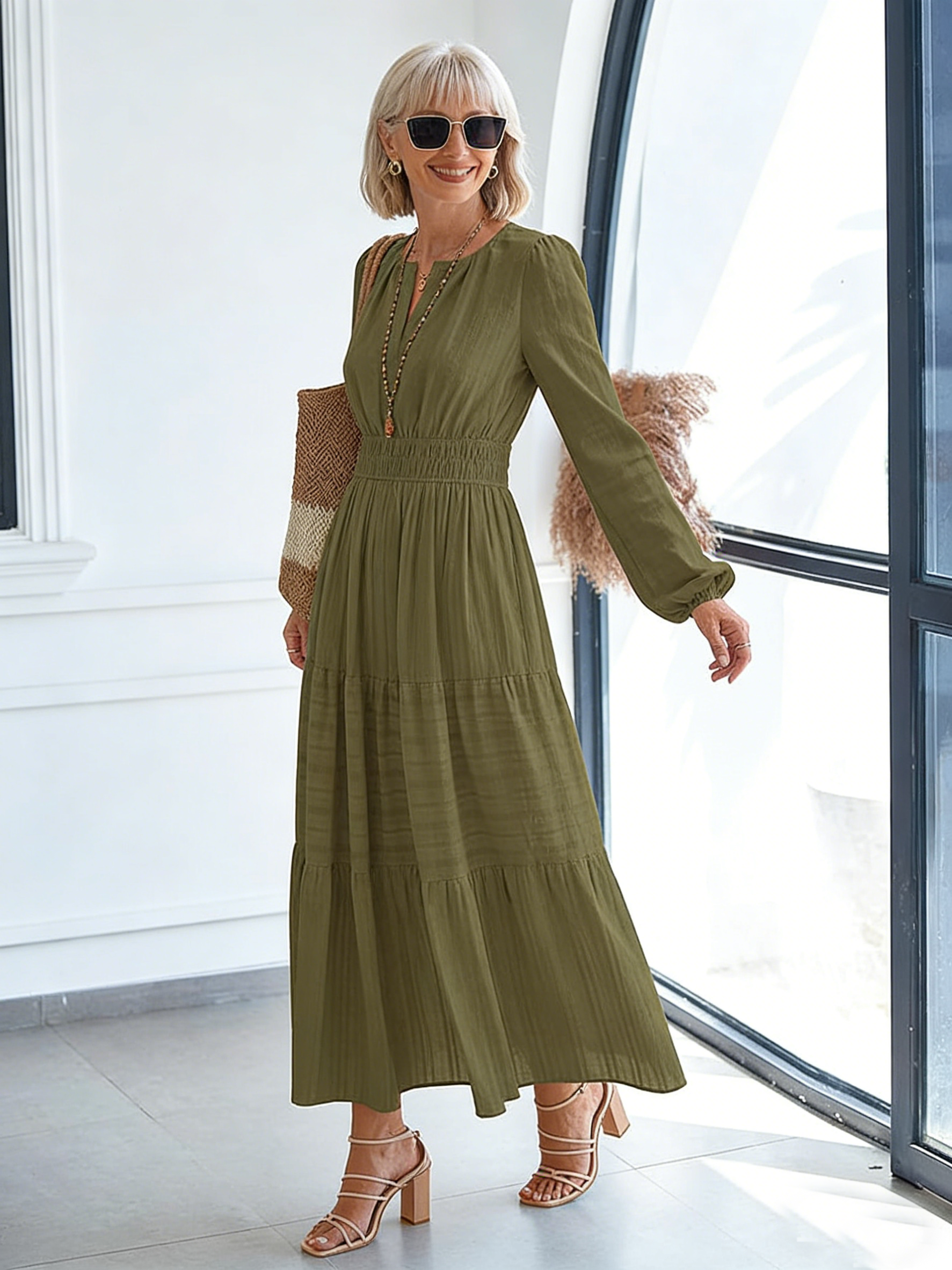 V-neck Pleated Waist Long-sleeved Dress