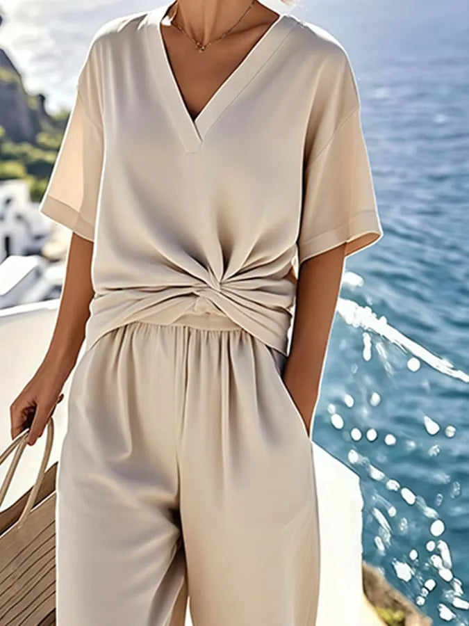Women's Summer Cotton&Linen Cross-Pleated Suit