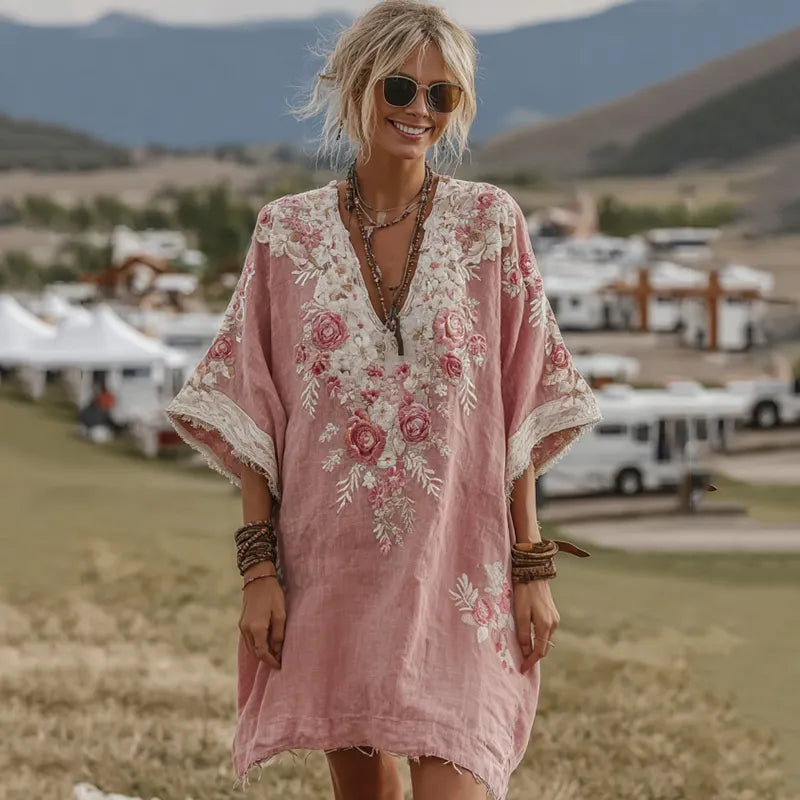Rose Embroidered Gradient Linen Mini Dress