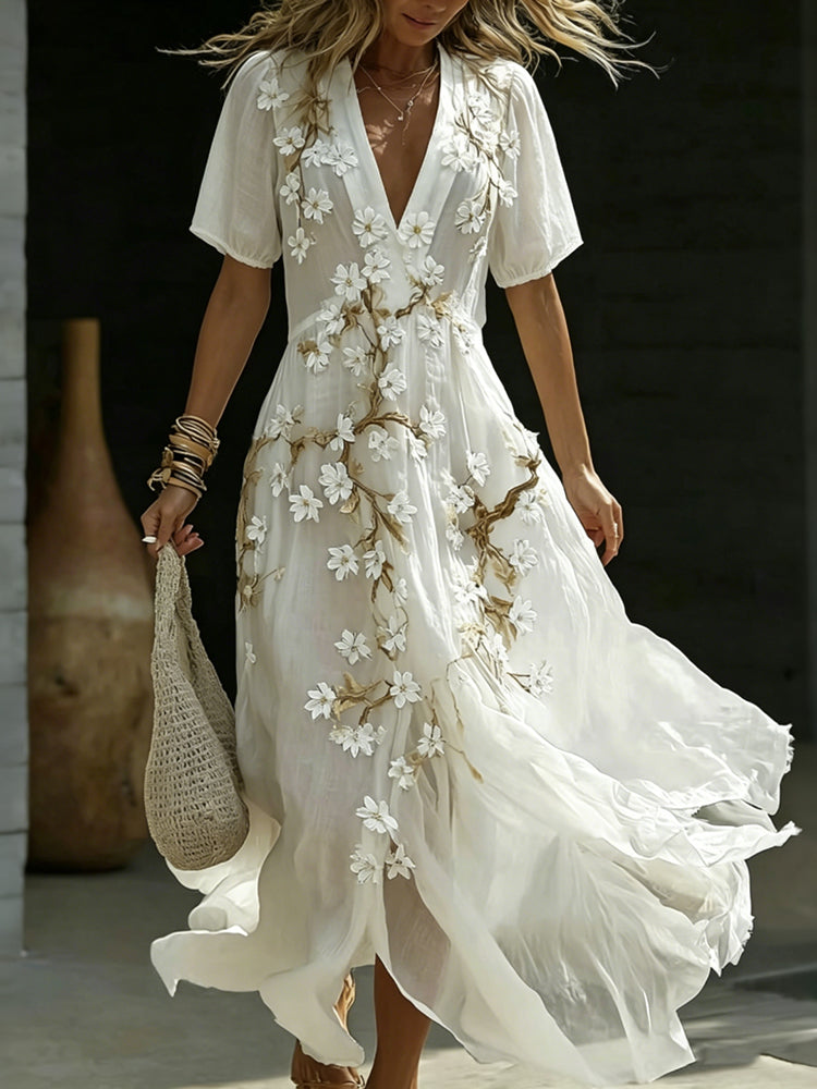 Women's Vintage Floral Art Casual Short Sleeve Linen Maxi Dress