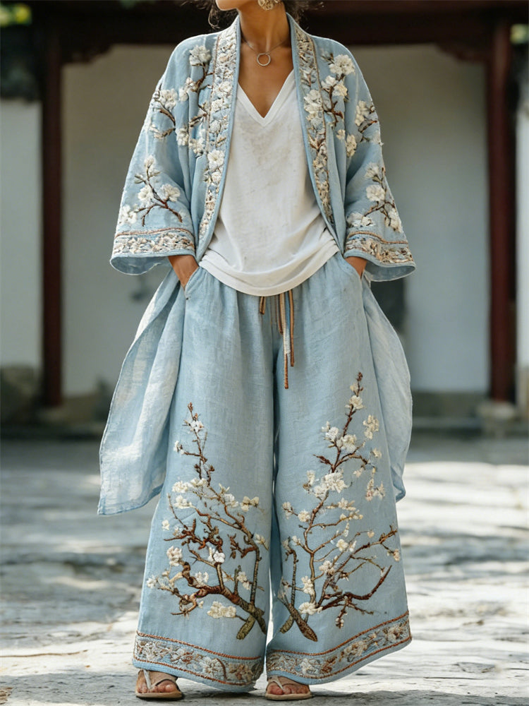 Almond Blossom Japanese Art Long Kimono & Pants Linen Set