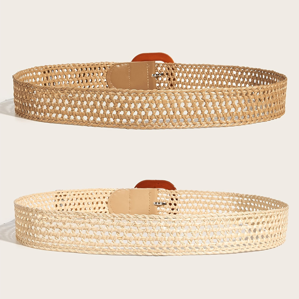 2pcs/set Hollow Out Straw Belts Boho Vintage Imitation Wooden Buckle Belts Classic Dress Coat Girdle For Women