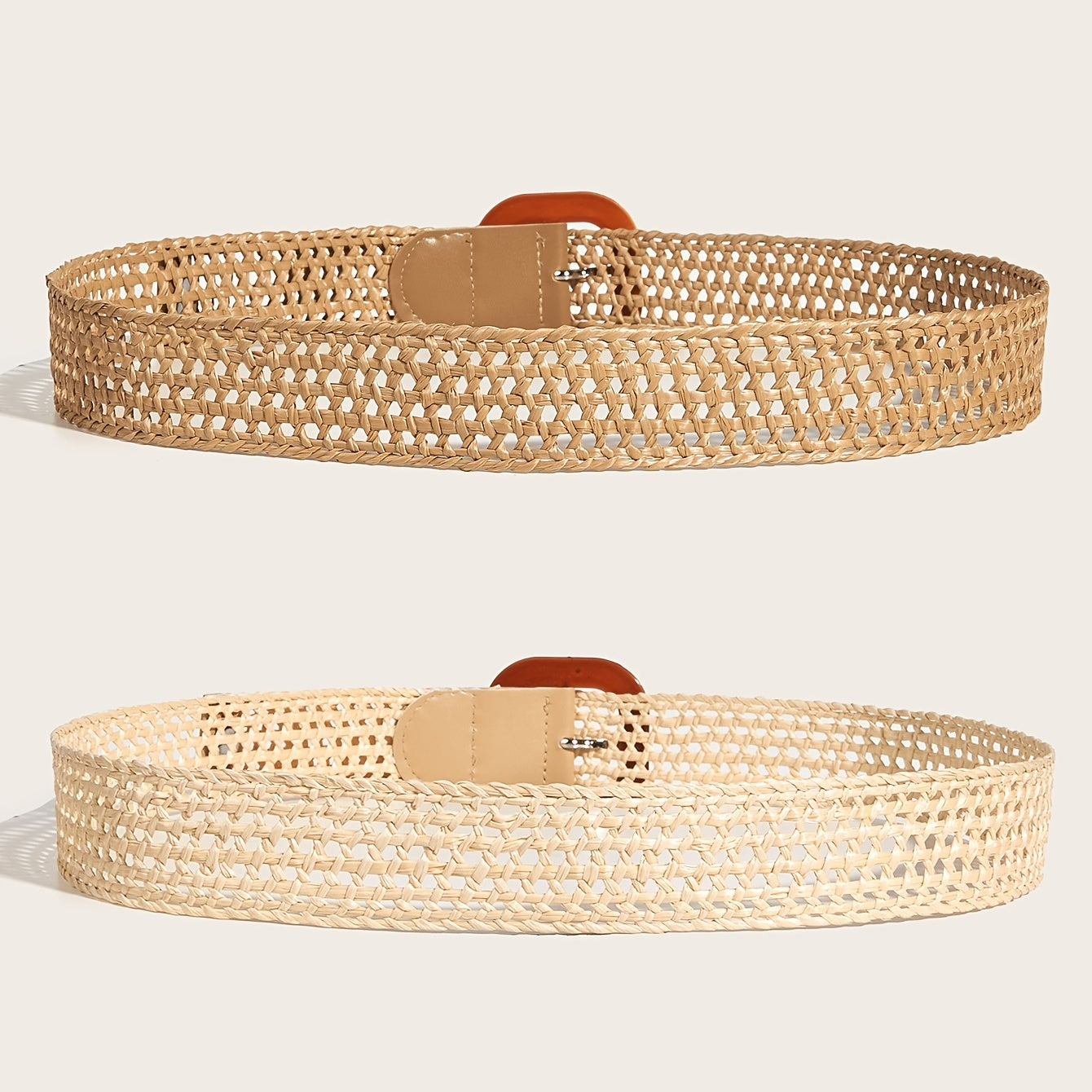 2pcs/set Hollow Out Straw Belts Boho Vintage Imitation Wooden Buckle Belts Classic Dress Coat Girdle For Women