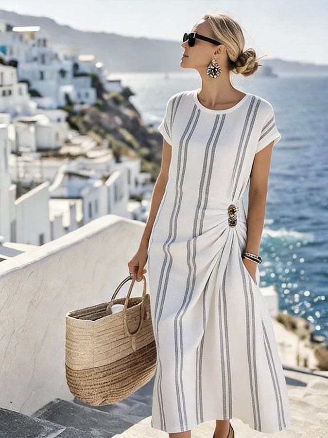 Women'S Casual Color-Block Striped Dress