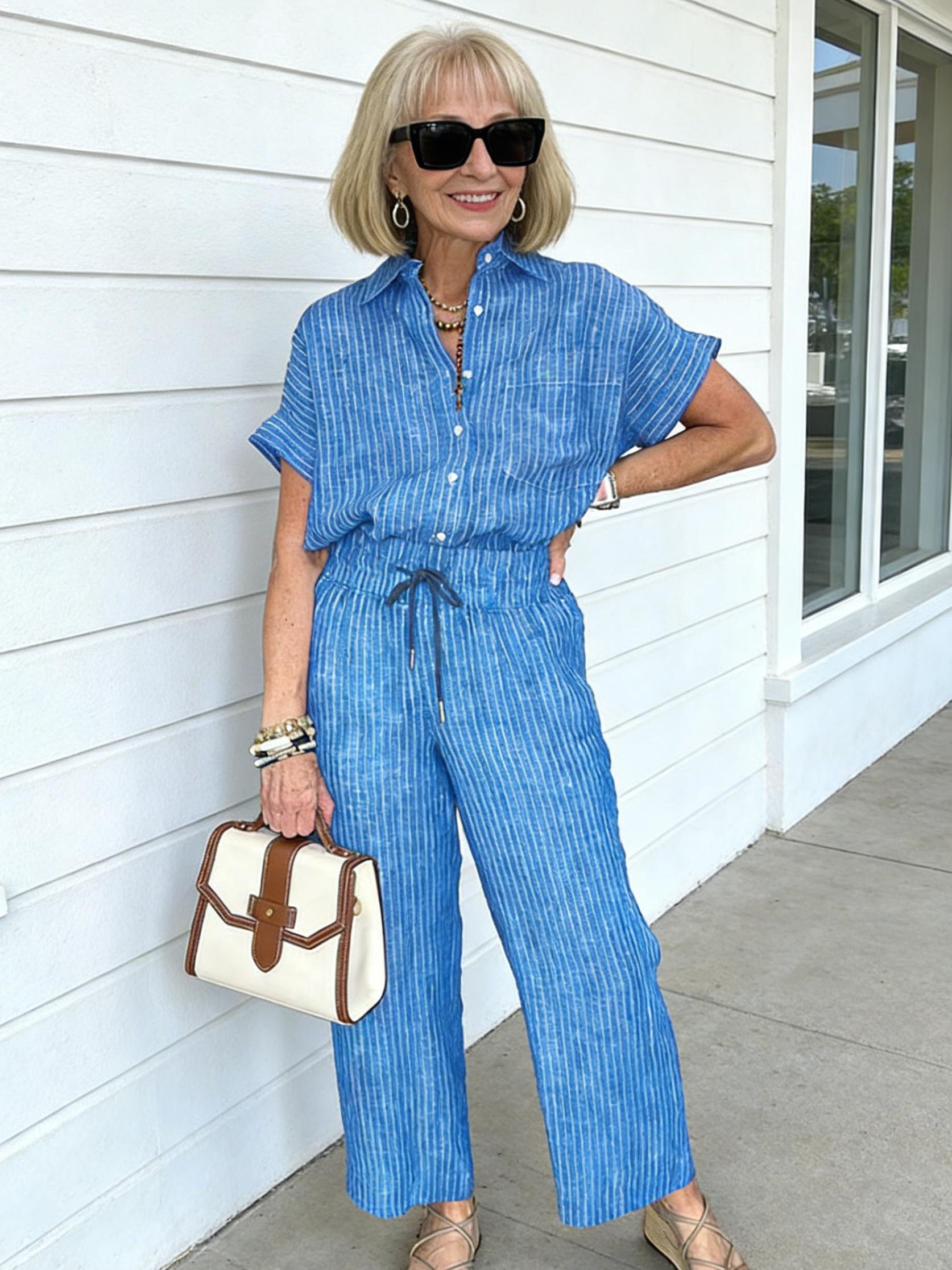 2Pcs Plus Size Cotton and Linen Striped Suit Lapel Short Sleeve Straight Trousers
