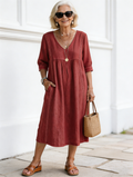 Casual Loose V-neck Splicing Lace Edge Linen Cotton Dress