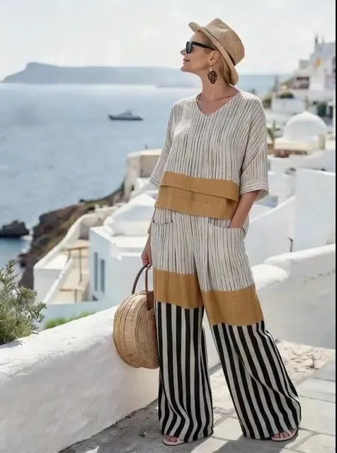Women'S Casual V-Neck Printed Wide-Leg Pants Set