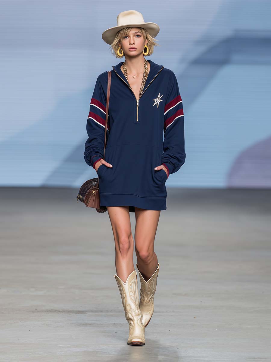 Retro Sporty Navy Star-Embroidered Hooded Half-Zip Long-Sleeve Sweatshirt Mini Dress