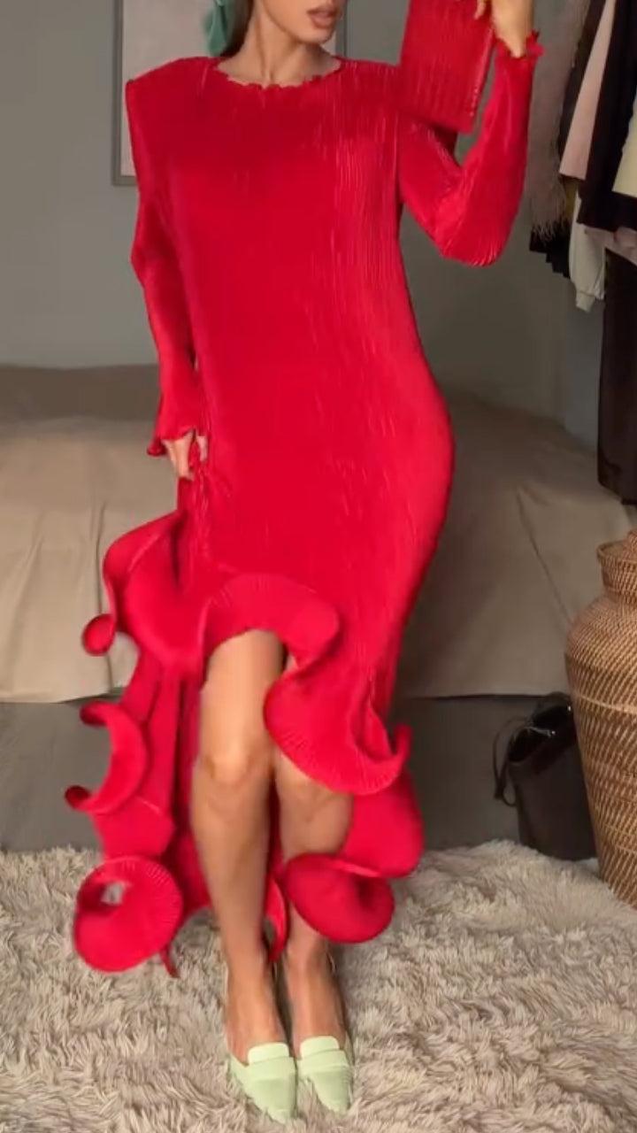 Red Pleated Ruffle Midi Evening Dress