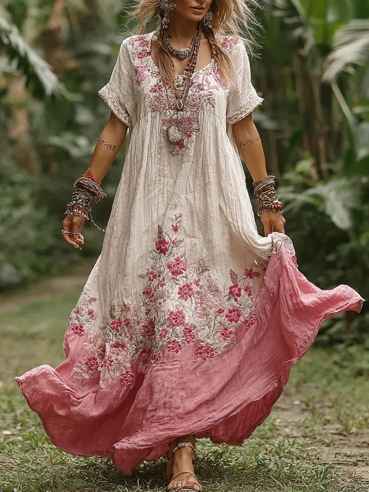 Women's Vintage Bohemian Floral Pattern Round Neck Long Dress