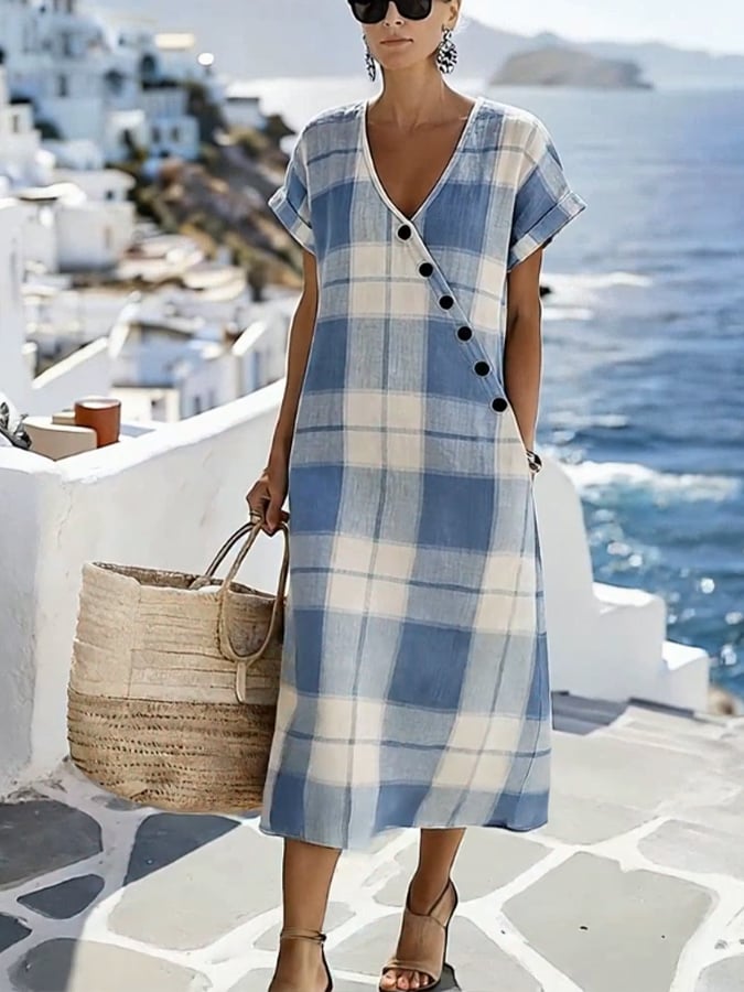 Women'S Casual Color-Block Cotton And Linen Dress