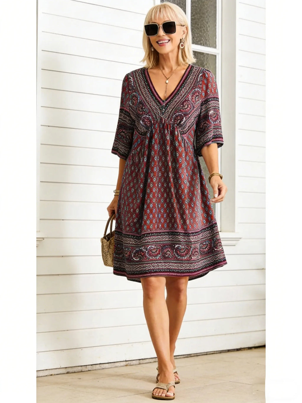 Vacation Deep V Print Casual Ethnic Style Dress