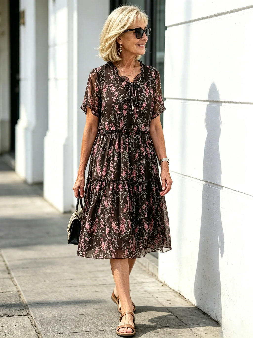 Dark Floral Mesh Tiered Midi Dress, Tie Neck Short Sleeve Elastic Waist Loose Tummy Concealing Dress for Plus Size Mature Women