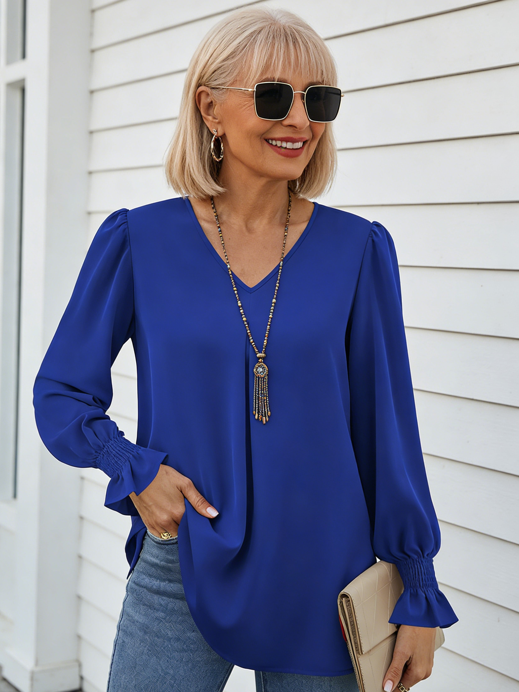 Solid Color Chiffon Shirt V-neck Pullover Horn Long-sleeved Top Shirt
