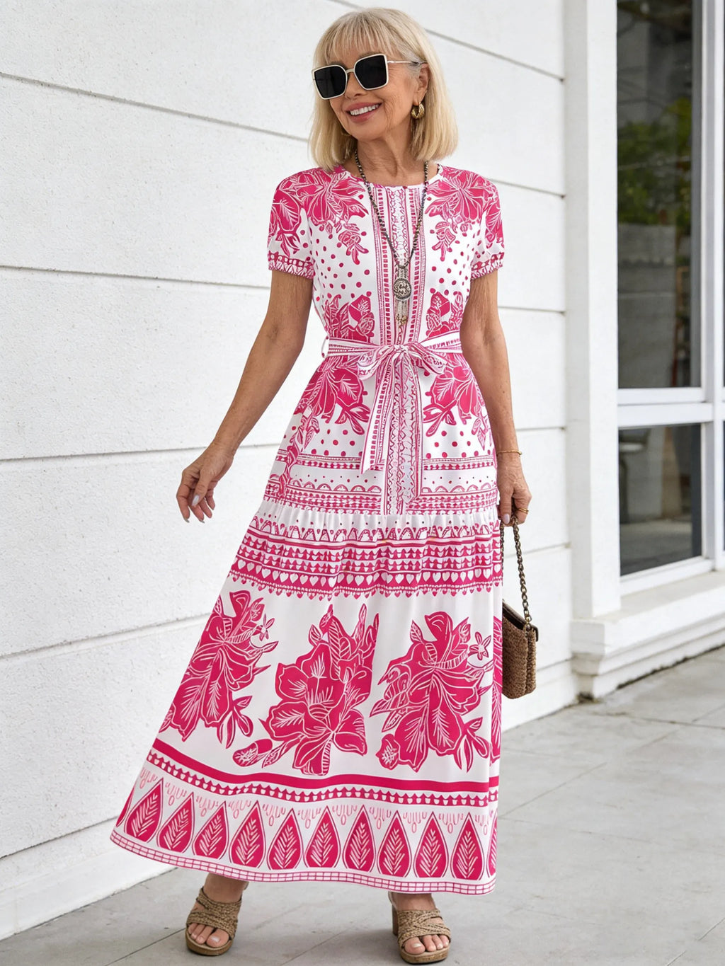 Boho Print Temperament Simple Lace-up Crew Neck Dress Vacation