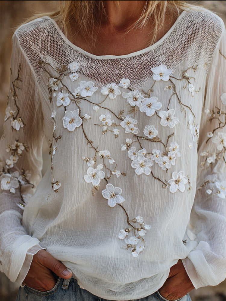 Women's Cherry Blossom Art Blended Cotton Linen Lace Spliced Casual Round Neck Long Sleeve Top