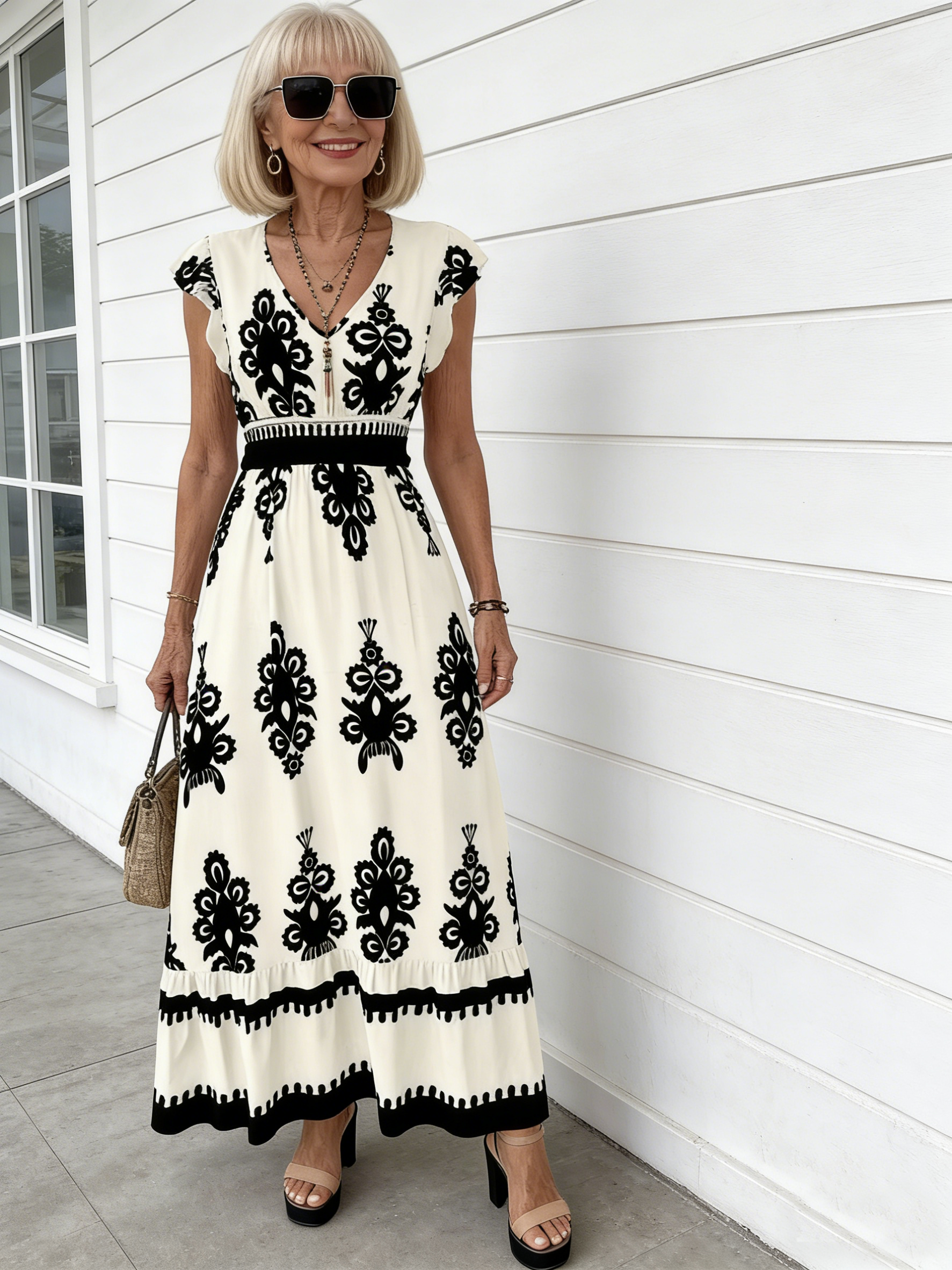 Vacation Beach Dress Printed V-neck Pendula Dress