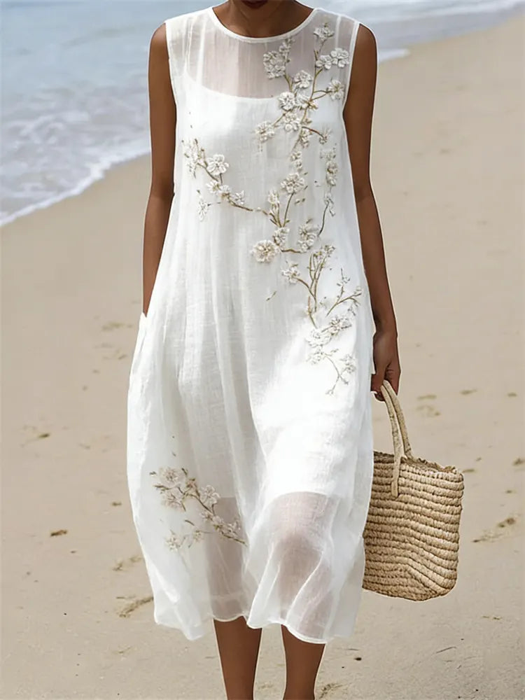Classy White Almond Blossom Flowy Linen Tank Dress