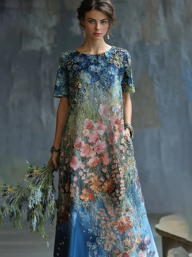 Women's Oil Painting Floral Contrast Color Sequined Maxi Dress