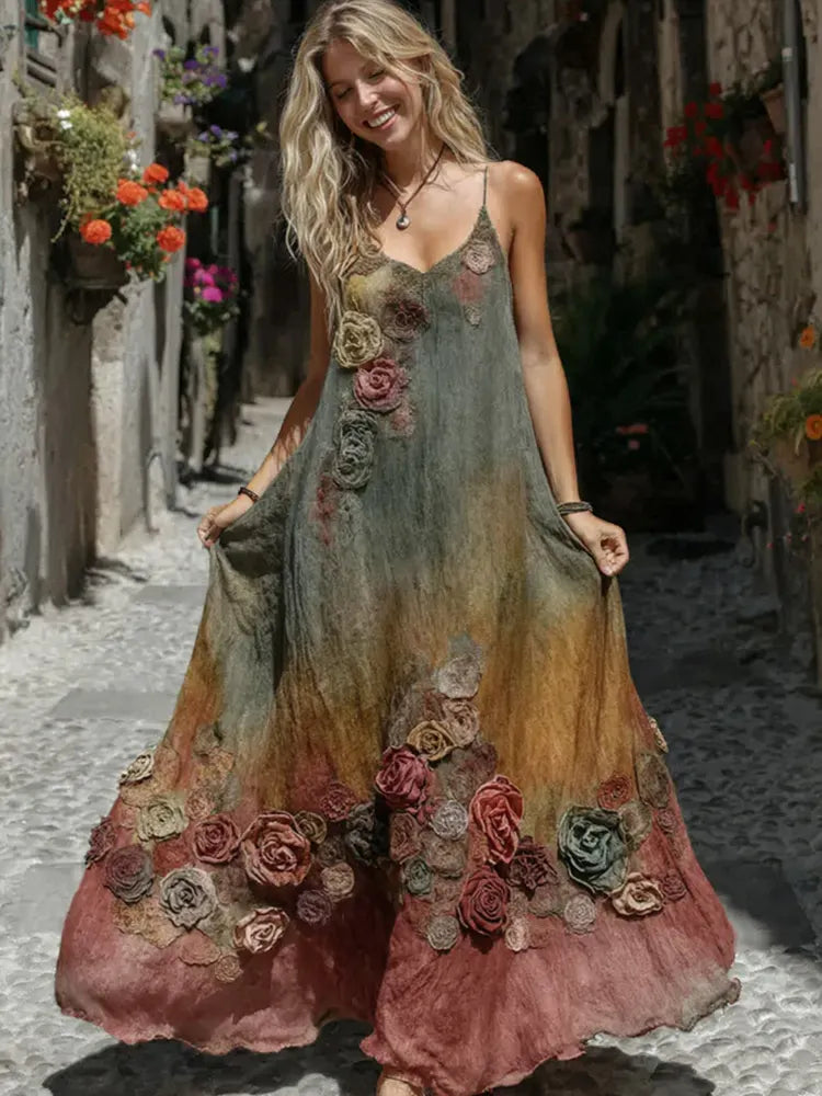 The Sunset Collection Vintage Rose And Floral Gradient Art Linen Sleeveless V Neck Maxi Dress